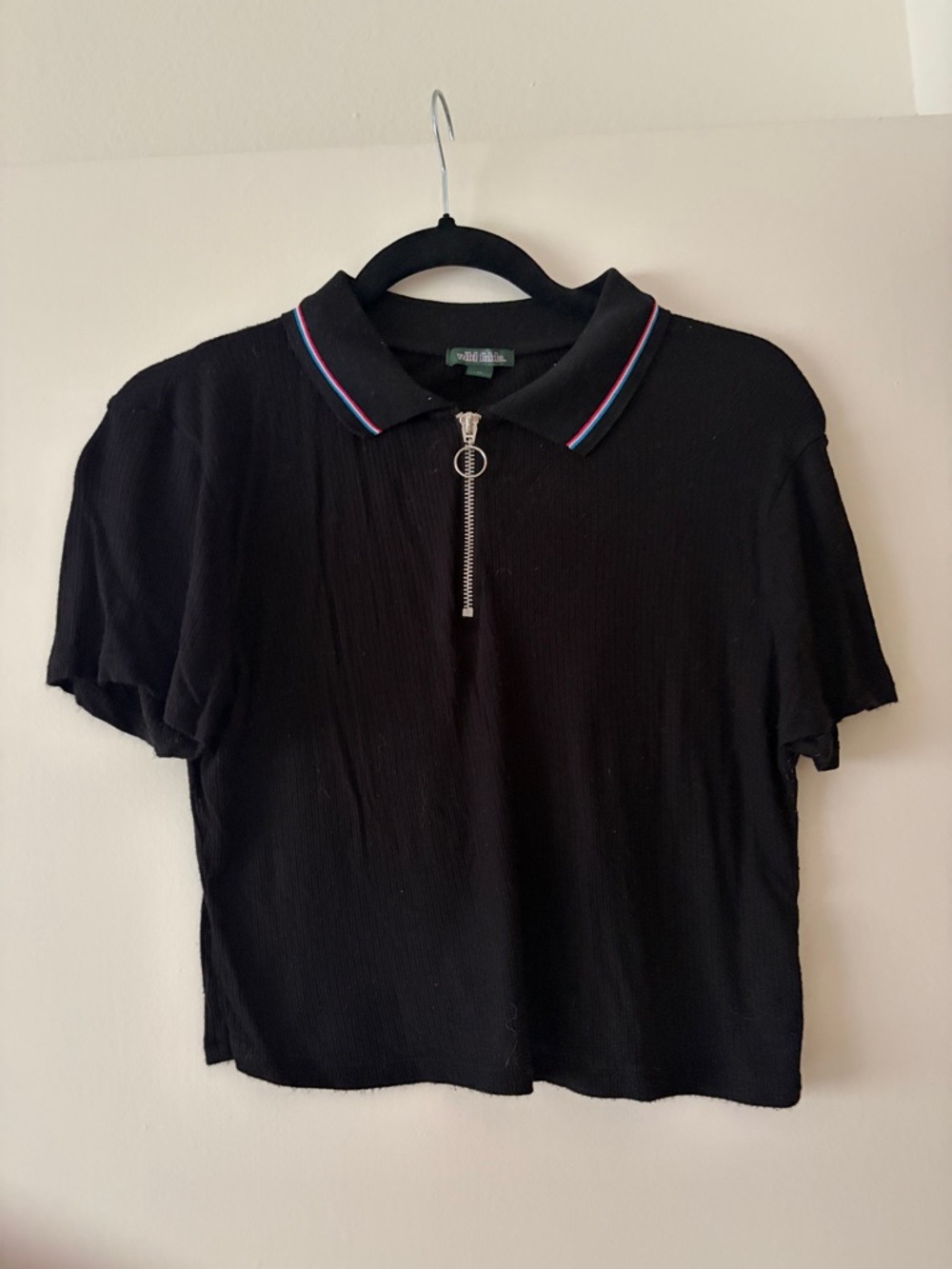 wild fable Black Ribbed Polo Crop Top with red, white, & Blue Trim